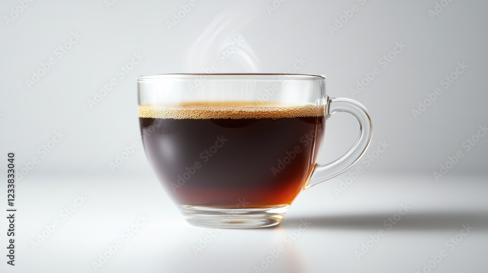 A fresh and hot brewed coffee in a glass cup, with steam gently rising, on white A fresh and hot brewed coffee in a glass cup, with steam gently rising, on white