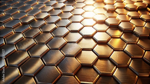 Hexagonal abstract metal background with soft light shining on the metallic surfaces, hexagon, abstract, metal, background