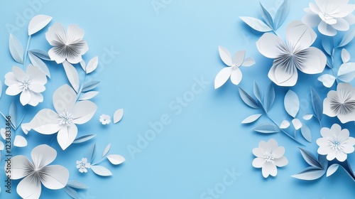 Elegant winter paper cut design featuring white blooming flowers on a serene blue background. photo