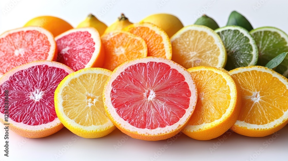 Vibrant assortment of sliced citrus fruits including oranges, grapefruits, limes, and lemons on a clean white background. Vibrant assortment of sliced citrus fruits including oranges, grapefruits, limes, and lemons on a clean white background.