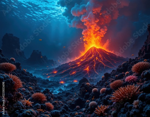 An underwater volcano erupts, spewing lava and smoke. Orange corals and fish populate the surrounding seabed. Dark rocks and glowing lava contrast with the blue water