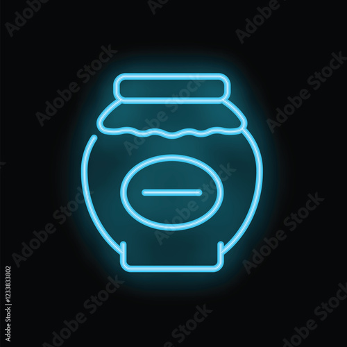 Neon sign showing a glass jar with jam and a blank label is glowing on a black background