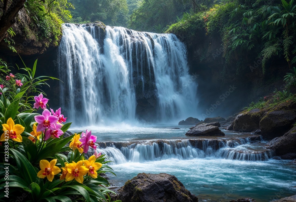 Fototapeta premium Splendid Waterfall Cascades Through Lush Greenery in a Tropical Paradise. Generative AI