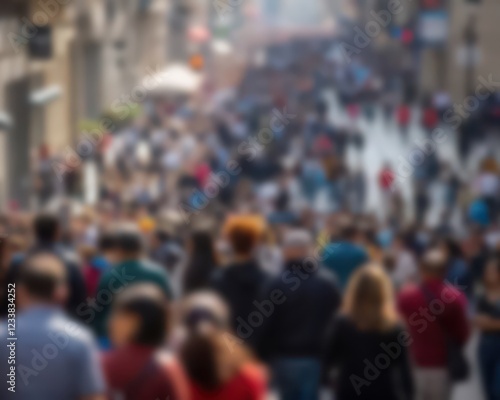 A busy street with a large crowd of people walking down it