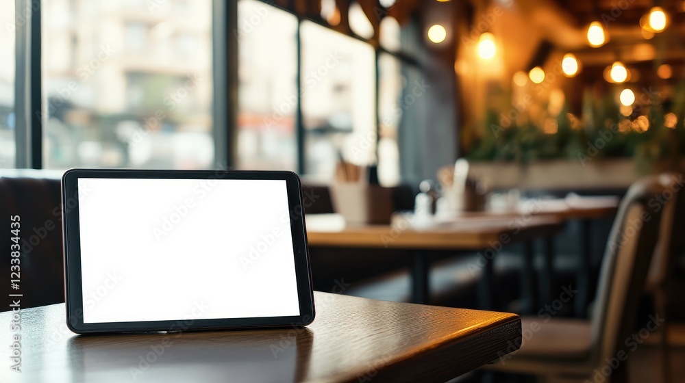 Tablet Computer with Blank Screen on Table in Modern Restaurant Interior During Daylight Tablet Computer with Blank Screen on Table in Modern Restaurant Interior During Daylight