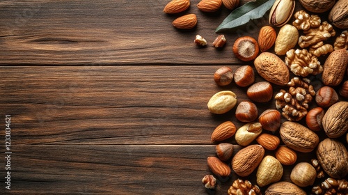 Assorted nuts arranged on a wooden surface with natural textures and colors perfect for healthy eating and snack advertising concepts. photo