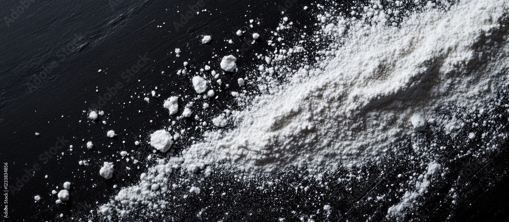 White powder on a black surface with splashes creating dynamic textures and patterns Copy Space White powder on a black surface with splashes creating dynamic textures and patterns Copy Space
