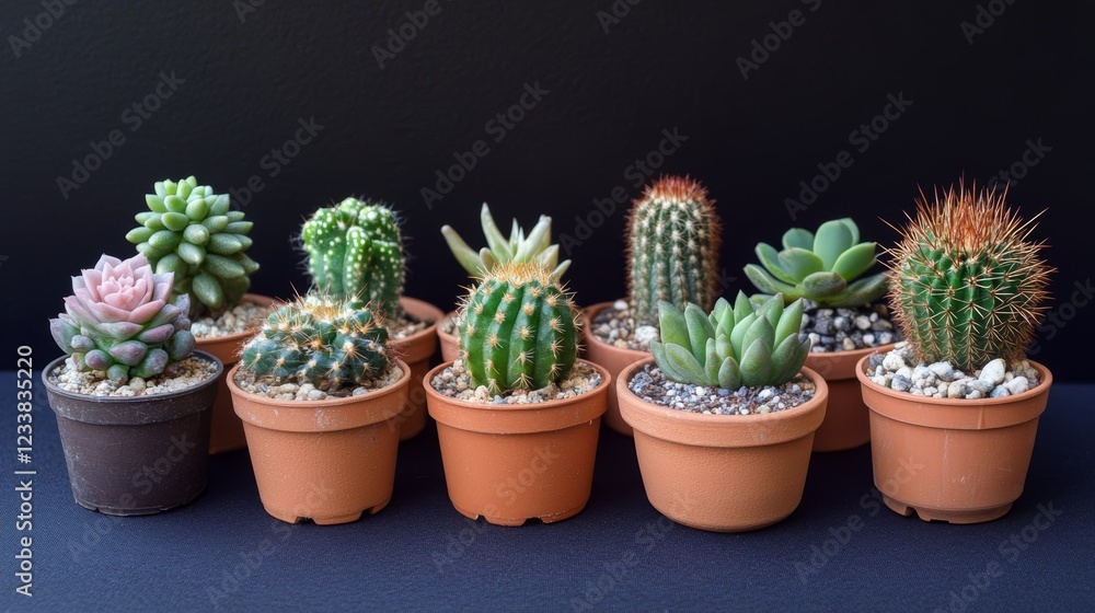 Collection of Mini Cacti and Succulents in Terracotta Pots on Dark Background Collection of Mini Cacti and Succulents in Terracotta Pots on Dark Background