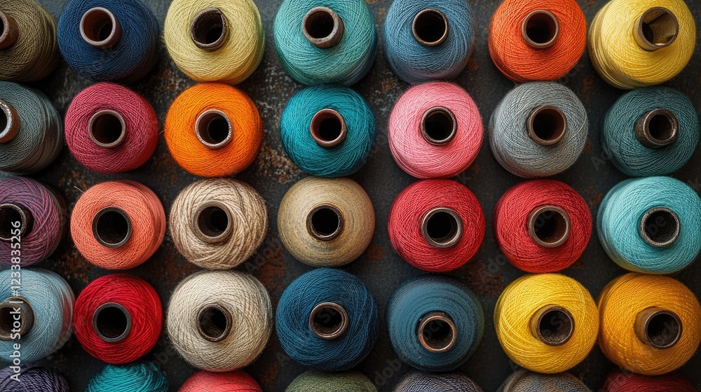Fototapeta premium Assorted colorful sewing thread spools arranged in a flat lay display showcasing variety and vibrancy for crafting and sewing projects.