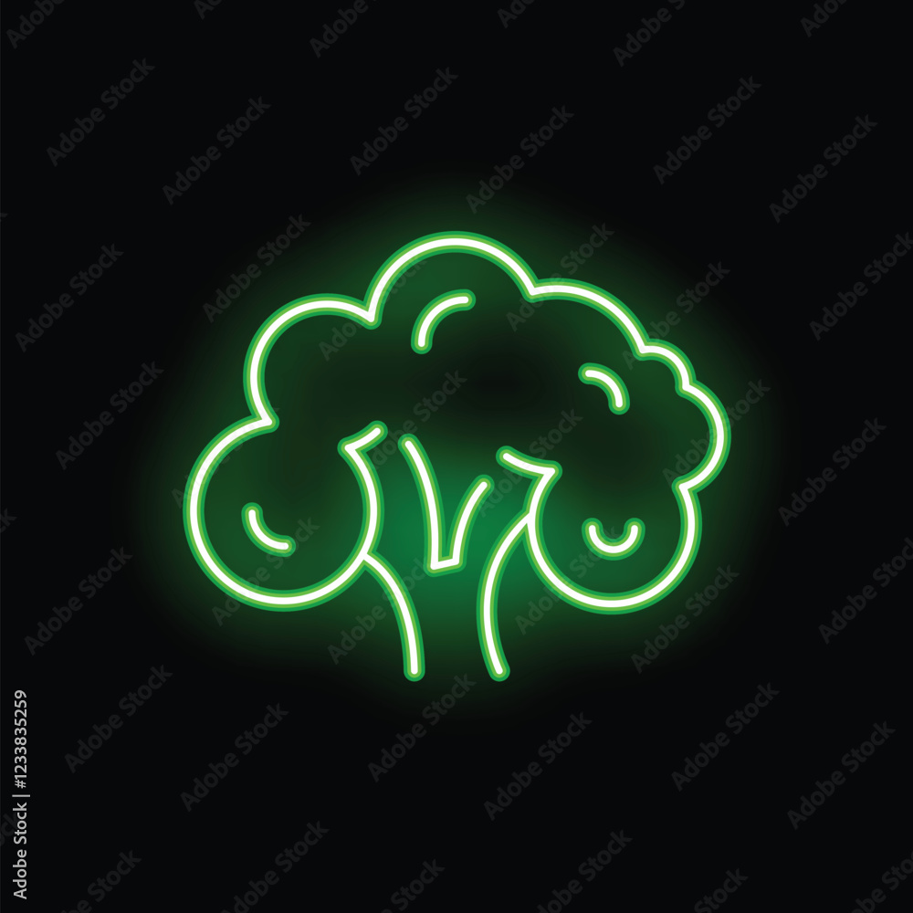Green neon sign depicting a head of broccoli glowing on a black background Green neon sign depicting a head of broccoli glowing on a black background
