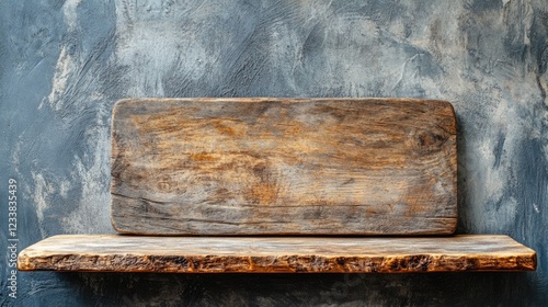 Rustic wooden shelf with weathered wood surface against textured concrete wall, lateral view photo