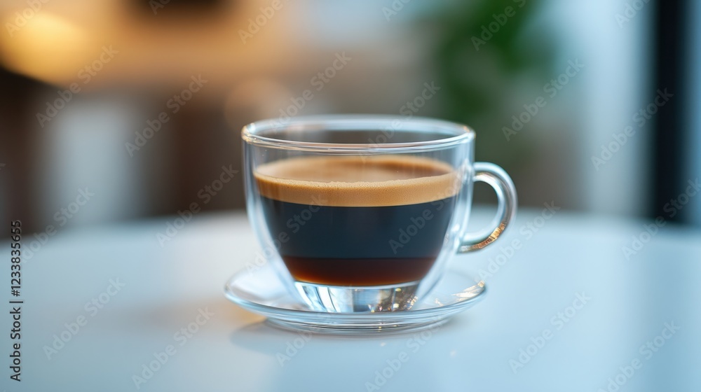 A glass cup of coffee placed neatly on a white table with soft lighting A glass cup of coffee placed neatly on a white table with soft lighting