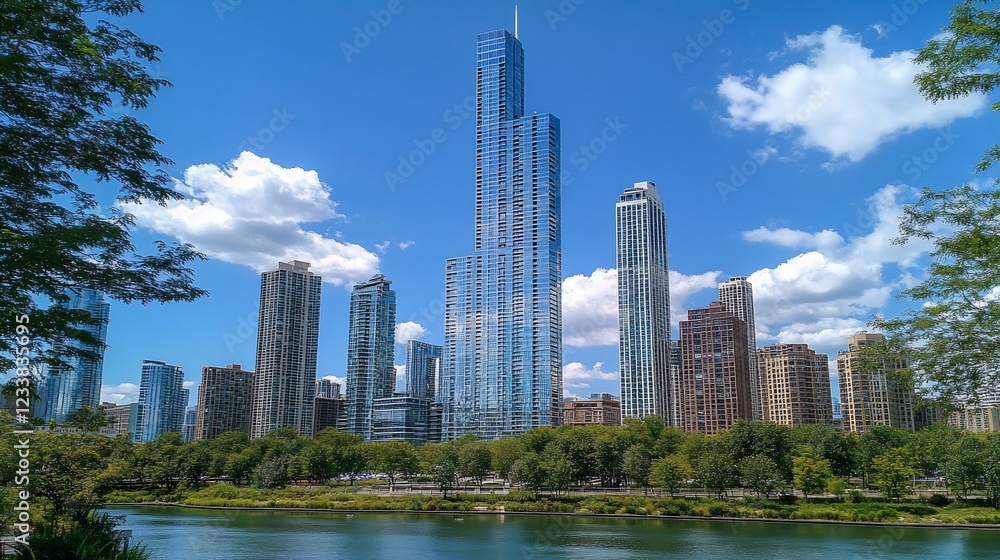 City Skyline View with River and Blue Sky and Buildings and Trees, city landscape City Skyline View with River and Blue Sky and Buildings and Trees, city landscape