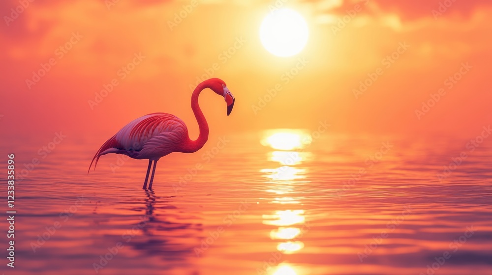 Fototapeta premium Elegant flamingo standing in serene waters during sunset with vibrant colors and ample space for text placement.