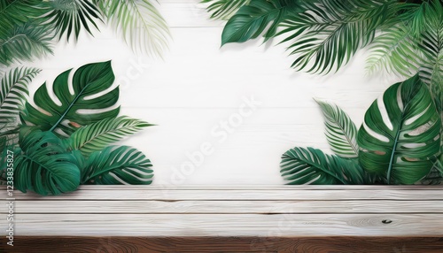 Stunning Tropical Oasis Wooden Plank Table Surrounded by Vibrant Tropical Foliage and Exotic Leaves in a Breathtaking Frame