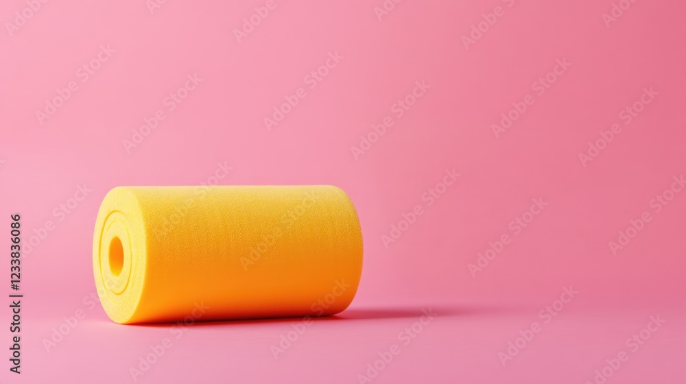 Chiropractic yellow foam roller for gym exercises on soft pink background with ample copyspace for text and marketing messages Chiropractic yellow foam roller for gym exercises on soft pink background with ample copyspace for text and marketing messages