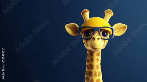 Futuristic anthropomorphic giraffe character in a yellow helmet and glasses against a dark blue background banner. photo