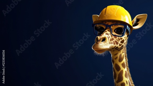 Futuristic anthropomorphic giraffe character in a yellow helmet and glasses against a dark blue background banner. photo