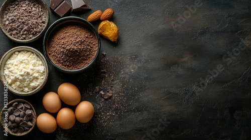 Ingredients for chocolate mousse displayed in bowls on dark background with empty space for text or culinary recipes. photo