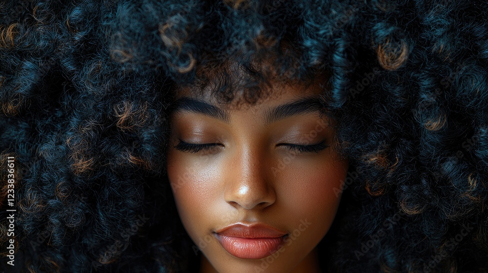 Fototapeta premium Afro Textured Hair Close-Up Portrait with Soft Features and Natural Curls Against a Neutral Background
