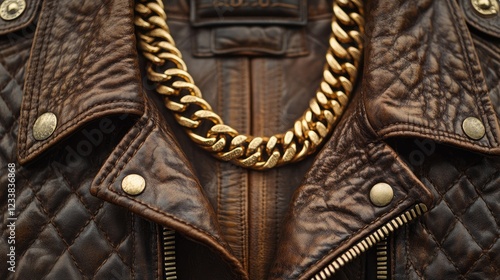 Brown leather biker jacket with golden necklaces elegantly displayed on collar showcasing timeless fashion style and accessory appeal photo