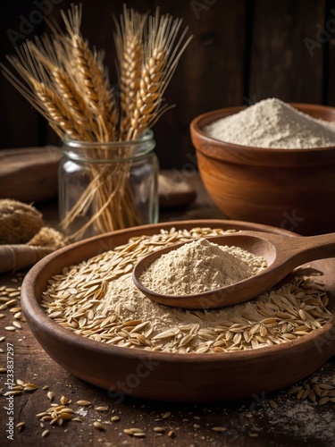 Fresh wheat flour paired with wheat starch and whole grains, showcasing the natural ingredients that form the foundation of wholesome, traditional cooking. photo