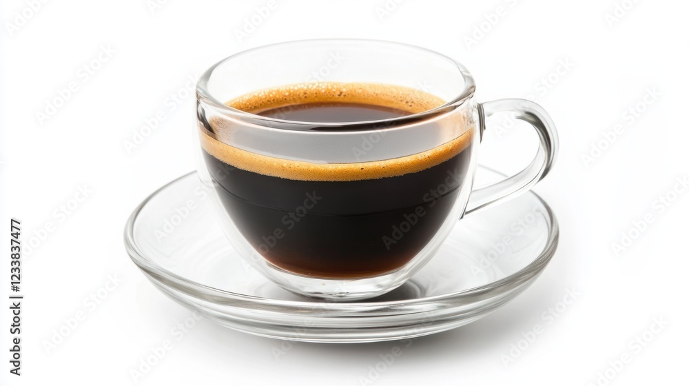 A hot coffee in a transparent glass cup, placed on a saucer on a white background A hot coffee in a transparent glass cup, placed on a saucer on a white background
