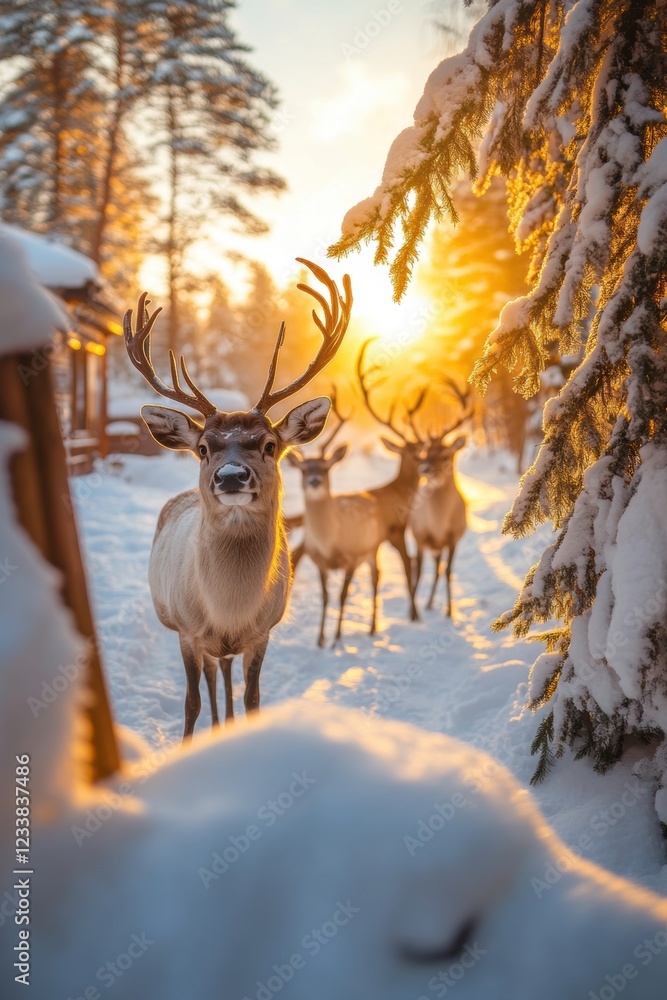 Obraz premium Deer in snow covered forest in winter with warm sunlight.