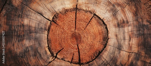 Close-up of tree trunk cross-section with visible growth rings and textures photo