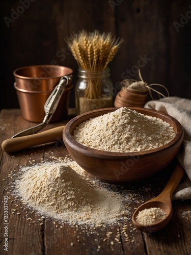 Fresh wheat flour paired with wheat starch and whole grains, showcasing the natural ingredients that form the foundation of wholesome, traditional cooking. photo