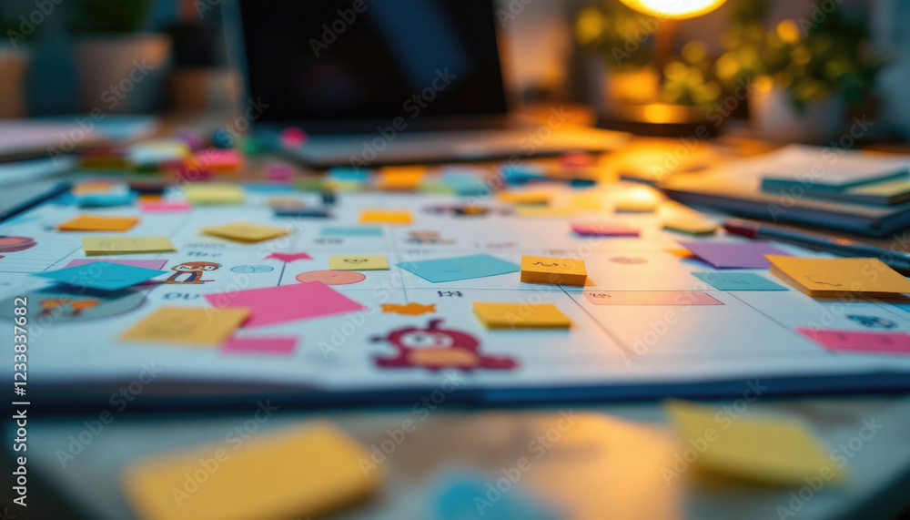Fototapeta premium Colorful game board with sticky notes on creative workspace desk