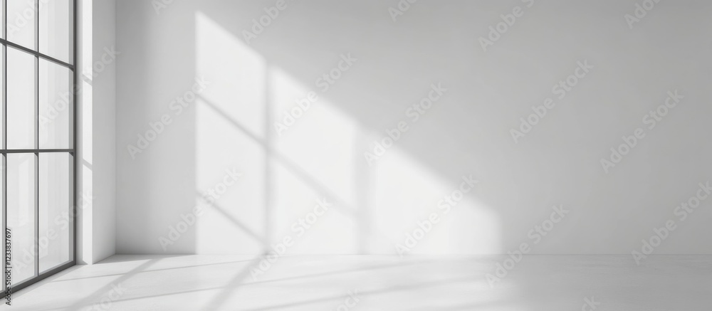 Fototapeta premium Empty room interior with large windows casting shadows on white walls and floor, Copy Space for design elements