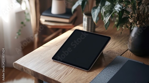 Tablet Mockup on Wooden Desk for Remote Work and Online Collaboration with Plants and Natural Light