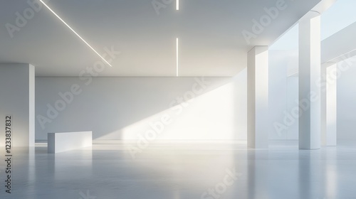 Minimalist white architectural interior featuring sleek columns and bright, evenly distributed lighting. photo