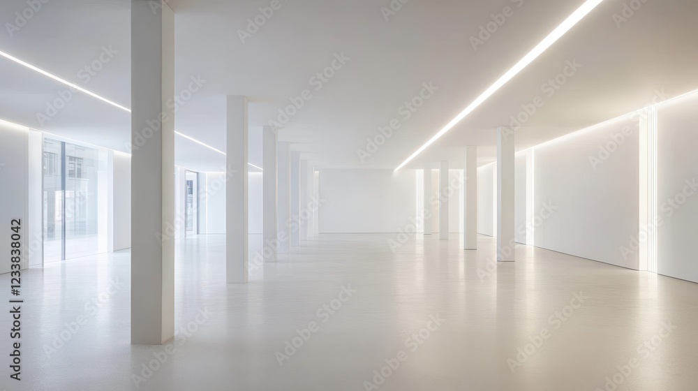 Fototapeta premium Minimalist white architectural interior featuring sleek columns and bright, evenly distributed lighting.