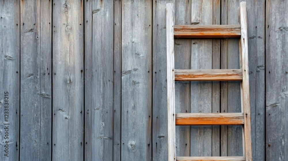 Wooden ladder positioned against rustic wooden facade with ample copyspace for text or branding use in design projects. Wooden ladder positioned against rustic wooden facade with ample copyspace for text or branding use in design projects.