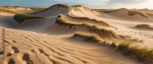 Sun kissed honey dune sand with soft undulating waves photo