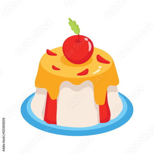 A vibrant cartoon illustration of a panna cotta dessert.