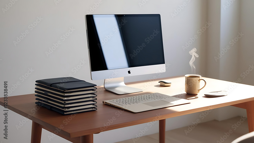 modern workspace with a desk, computer, notebooks, and a cup of coffee modern workspace with a desk, computer, notebooks, and a cup of coffee