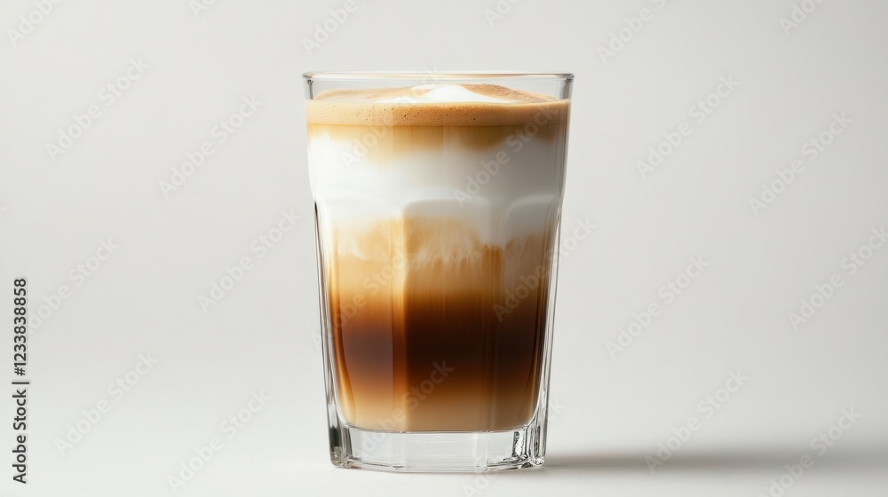 A latte served in a tall glass with visible milk and coffee layers, beautifully set on white A latte served in a tall glass with visible milk and coffee layers, beautifully set on white