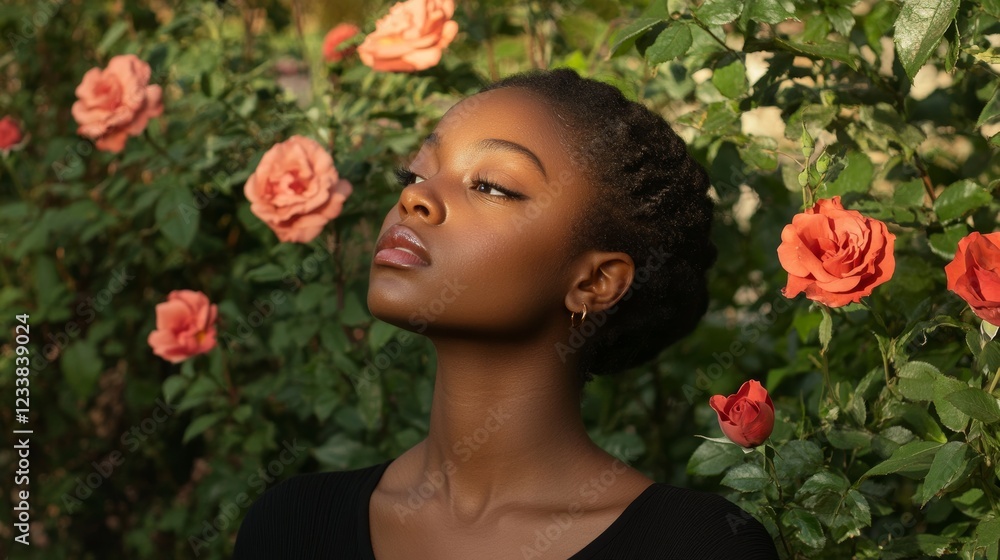 Naklejka premium Serene Beauty Amidst Roses: A Portrait of Tranquility