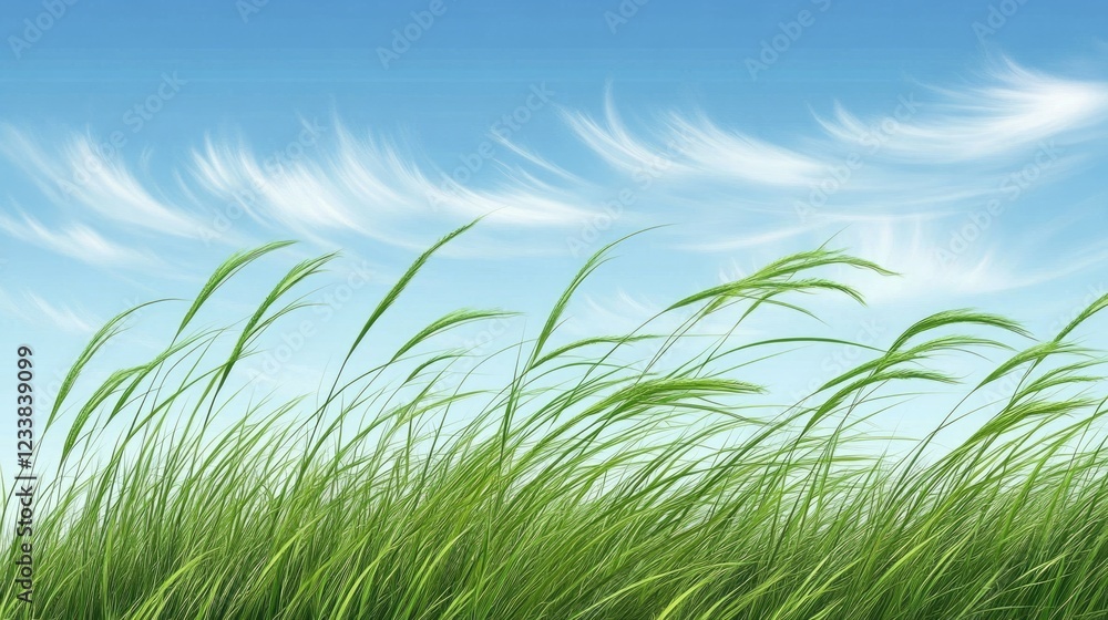 Fototapeta premium Lush green grass swaying gently in the breeze under a clear blue sky with ample space for text or overlay design elements.