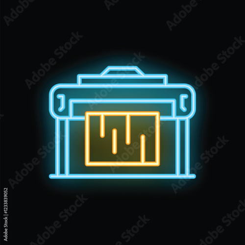 Neon plotter printing large format image on black background, concept of printing house and polygraphy