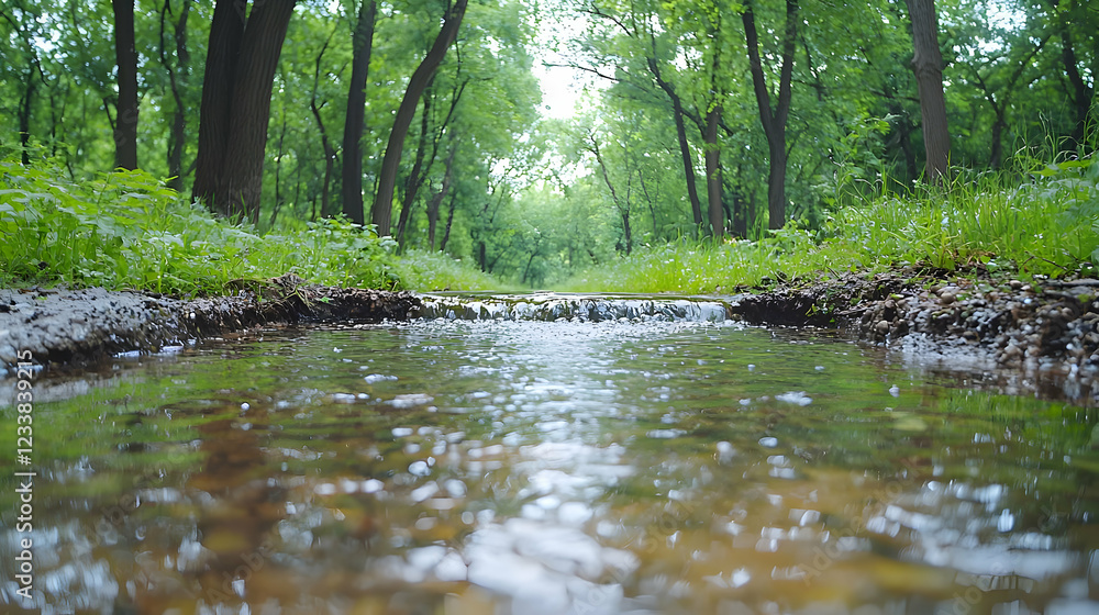 Obraz premium Tranquil forest stream, nature's path, lush greenery, background peace, idyllic scene