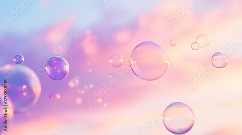 Wallpaper Mural Pink iridescent soap bubbles floating and flying against a pastel blue sunset sky, creating an abstract texture background. Torontodigital.ca