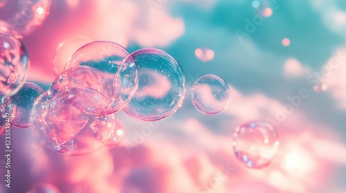 Pink iridescent soap bubbles floating and flying against a pastel blue sunset sky, creating an abstract texture background. photo