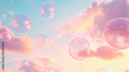 Pink iridescent soap bubbles floating and flying against a pastel blue sunset sky, creating an abstract texture background. photo