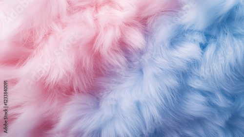 Soft and fluffy eco fur background in baby pink and blue hues, resembling the light, airy texture of cotton candy wool. photo