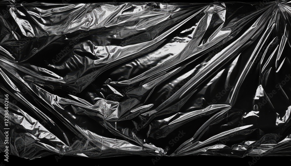 Striking Contrast of Wrinkled Plastic Wrap Texture Against a Dark Backdrop, Highlighting the Intricacies and Complexities in Texture and Light. Striking Contrast of Wrinkled Plastic Wrap Texture Against a Dark Backdrop, Highlighting the Intricacies and Complexities in Texture and Light.