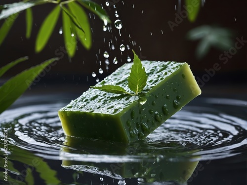 Refreshing neem soap with a dynamic water splash, symbolizing purity, natural skincare, and rejuvenation. A perfect blend of nature’s benefits and a soothing bath experience.